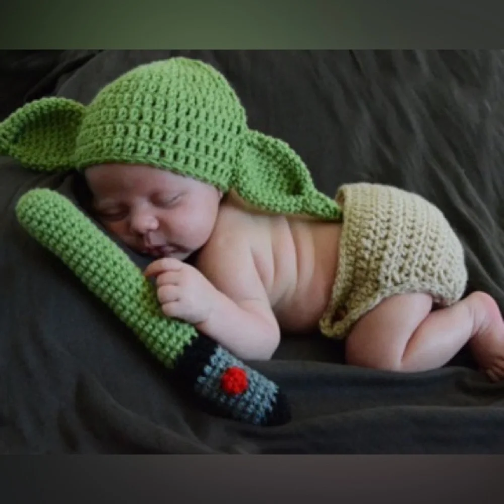 NWOT CUSTOM MADE Green Knit Baby Yoda Hat & Diaper Cover Infant Photos Costume